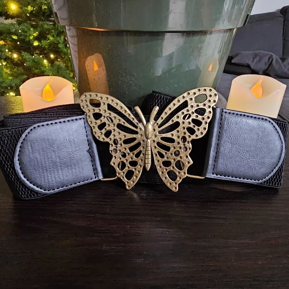 Vintage Black Stretch Belt with Brass Butterfly Buckle – Size L